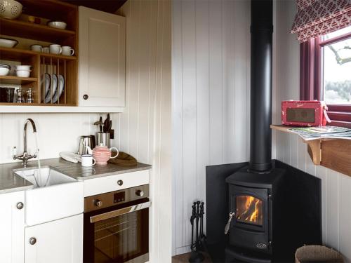 a kitchen with a stove in a kitchen at Lapwing Shepherds Hut - Uk7631 in Pitlochry