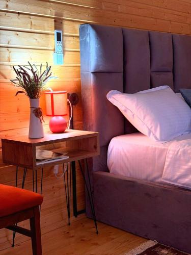 a bedroom with a bed and a table with a plant at Green Owl in Dedoplis Tskaro
