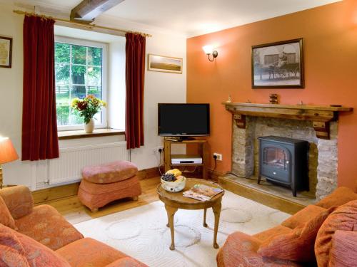 a living room with a fireplace and a tv at Ty Cerbyd in Cilybebyll