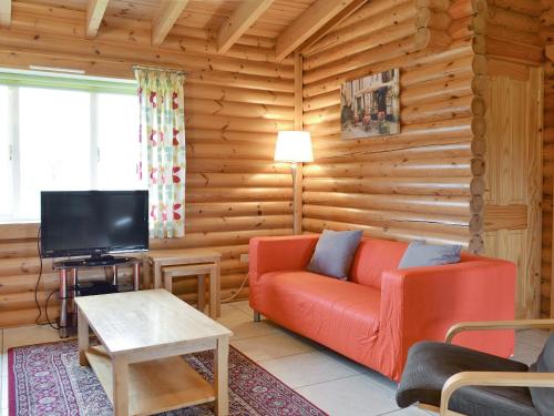 a living room with a red couch and a tv at Mallard Lodge - W43171 in Burn