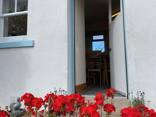 a bunch of red flowers in front of a door at Ploughmans Cottage-Uk7346 in Dyke