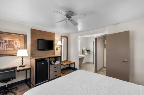 a bedroom with a bed and a desk and a television at Baymont by Wyndham Arlington At Six Flags Dr in Arlington