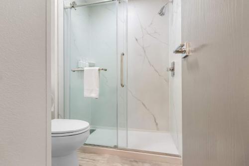 a bathroom with a glass shower with a toilet at Baymont by Wyndham Arlington At Six Flags Dr in Arlington
