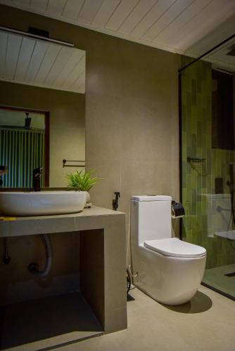 a bathroom with a toilet and a sink and a mirror at Mistara Ella in Ella