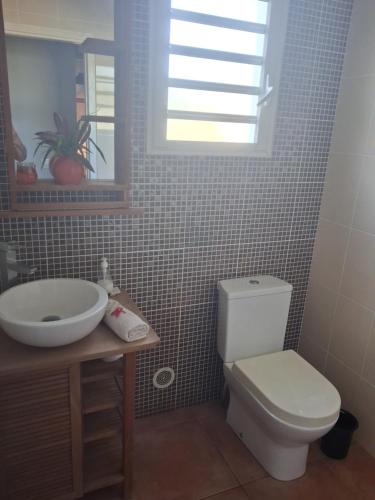 a bathroom with a white toilet and a sink at ChezRoselineetChritian in Les Avirons