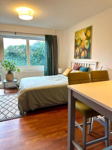 a bedroom with a bed and a couch and a window at Ferienappartement Dümmerling in Lembruch in Lembruch