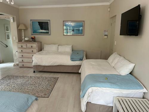 a bedroom with two beds and a tv on the wall at Twilight Cottage in Plettenberg Bay