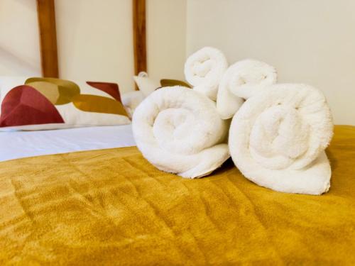 a group of towels sitting on top of a bed at L'escale Annécienne in Annecy