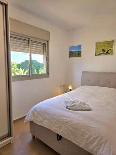 a bedroom with a white bed and two windows at Your home in Pardes Hanna in Pardes H̱anna