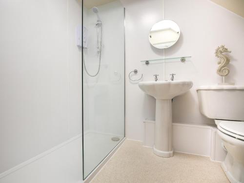 a bathroom with a shower and a sink at Lindisfarne Cottage -Ukc5295 in Beadnell