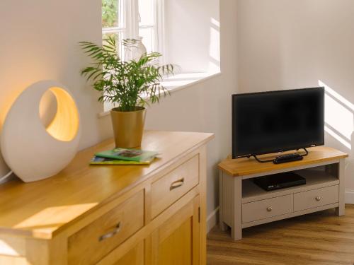 a room with a tv on a dresser with a potted plant at Corner Cottage - Ukc4962 in Tawstock