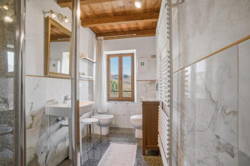a bathroom with a sink toilet and a mirror at Agriturismo Tripala in Minucciano