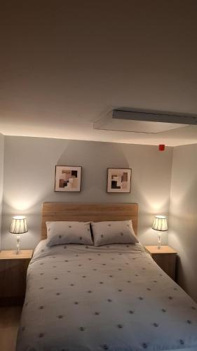 a bedroom with a large bed with two lamps at Apartment 1 at Busy Bee in Daingean