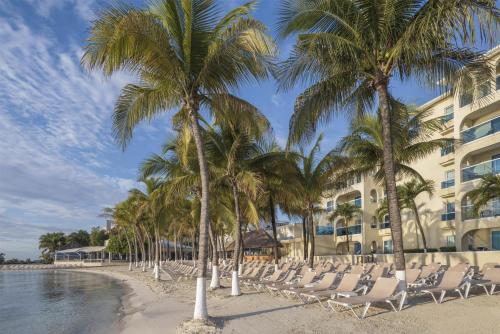 a beach with chairs and palm trees and a hotel at Occidental Costa Cancún - All Inclusive in Cancún