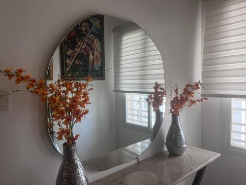 two vases sitting on a counter with a mirror at Lekki Waterfront Terrace shortlet with Oceanview, Attendants and private Jetty in Lagos
