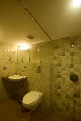 a bathroom with a toilet and a sink at Hotel Hemaadri Grand in Hyderabad