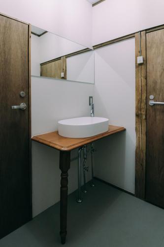 a bathroom with a sink and a mirror at Public Guest House in Karuizawa