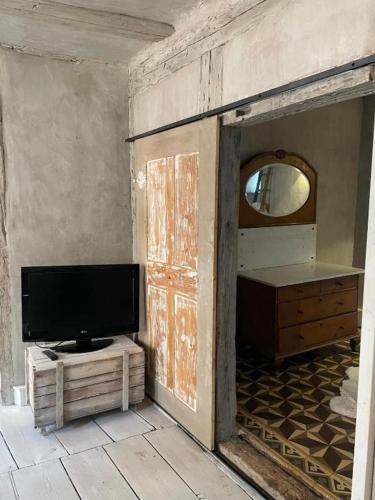 a living room with a tv and a mirror at Ferienwohnung "Atelier_1" in Edenkoben