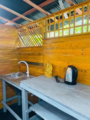 a kitchen counter with a sink in a wooden wall at Hobbit in Midigama East