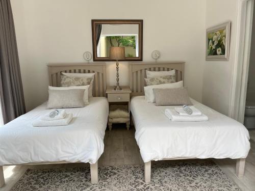 two beds in a bedroom with a mirror on the wall at Sage in Montagu