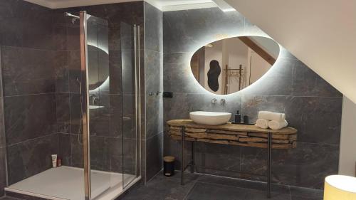a bathroom with a sink and a mirror at La Tour en Seine in Les Authieux-sur-le-Port-Saint-Ouen