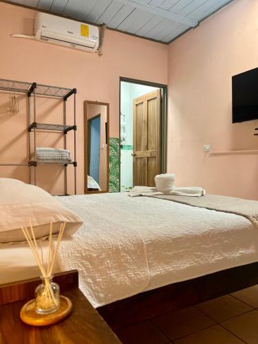a bedroom with a large bed and a tv at La Estancia Ideal Apartamentos in Fortuna