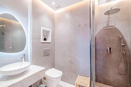 a bathroom with a shower and a toilet and a sink at riad dar bassou in Adrouine