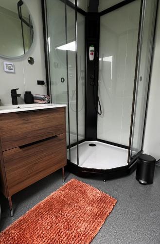 a bathroom with a shower and a sink and a rug at Lofoten Glamping Dome in Myrland