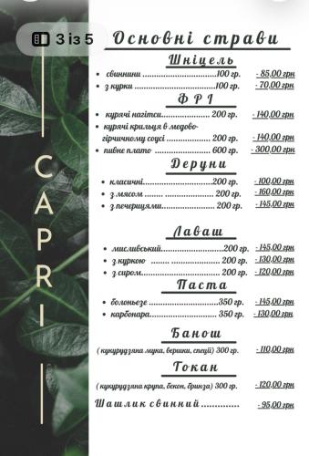 a menu for a restaurant with green leaves at Капрі in Mukacheve