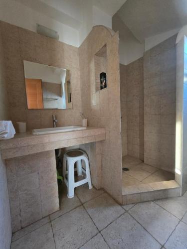 a bathroom with a sink and a shower at Sunset View Studios in Agios Nikitas