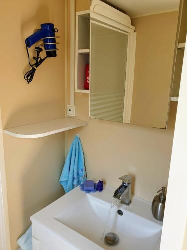 a bathroom with a white sink and a mirror at Mobilhome Océalia T3 in Plouescat