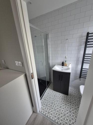 a bathroom with a sink and a shower at Skellig View in Portmagee