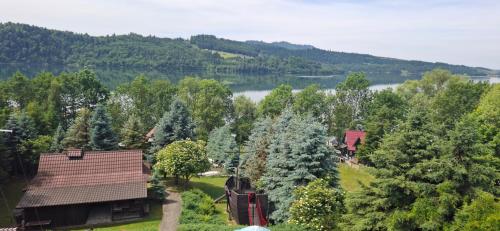 an aerial view of a house and a lake at Willa Jordanówka in Czorsztyn