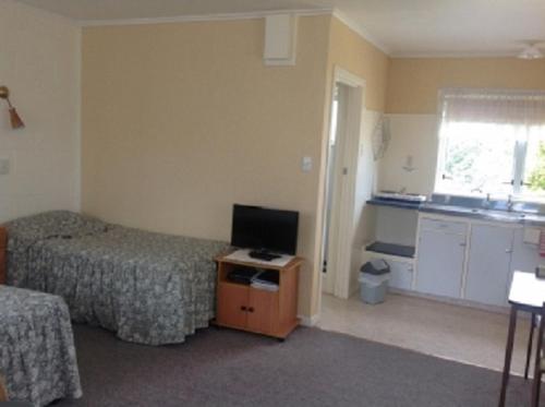 a bedroom with two beds and a television on a table at Dargaville Motel in Dargaville