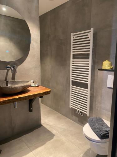 a bathroom with a sink and a toilet with a mirror at The Rock in Zandvoort