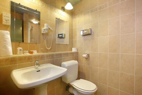 a bathroom with a sink and a toilet and a mirror at Hotel De Gramont in Pau