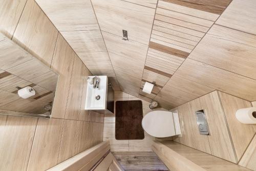 a bathroom with a toilet and a sink at Chochołowskie Domki in Chochołów