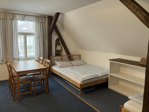 a bedroom with a bed and a desk and a table at Penzion Hají in Janov nad Nisou