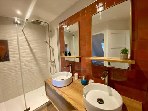 a bathroom with a sink and a mirror and a shower at AppartCosy 15 in Vitré