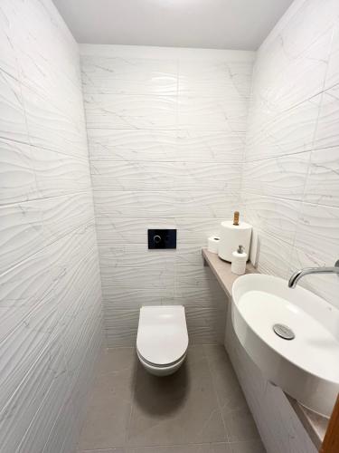 a white bathroom with a toilet and a sink at Pokoje Chojnice in Chojnice