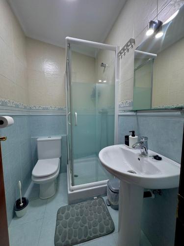 a bathroom with a sink and a shower and a toilet at Fuerte El Mazo in El Dueso