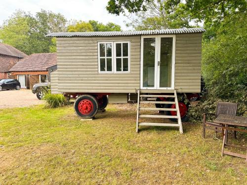 a tiny house on a trailer with a ladder at Hillcroft Holiday - Dragonfly Lodge, Woody Hut & Alpaca My Tipi Glamping in Billingshurst