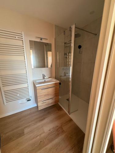 a bathroom with a sink and a shower at Châteaux de Sable Hardelot in Neufchâtel-Hardelot