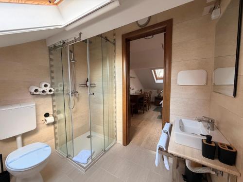 a bathroom with a shower and a toilet and a sink at A-Termal Palić in Palić