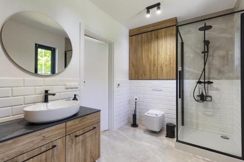 a bathroom with a sink and a shower with a mirror at Osada Hipodrom in Łąck