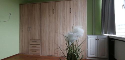 a large wooden cabinet with a white flower in a room at App-Wilhelmine-Haus-CoOp in Westerland
