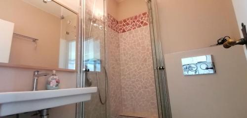 a bathroom with a shower and a sink at App-Wilhelmine-Haus-CoOp in Westerland