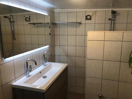 a bathroom with a sink and a mirror at Huisje bij de Bronnen in Nutter