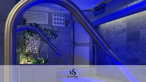 a room with blue lighting and a window with a plant at Rey Don Sancho in Zamora