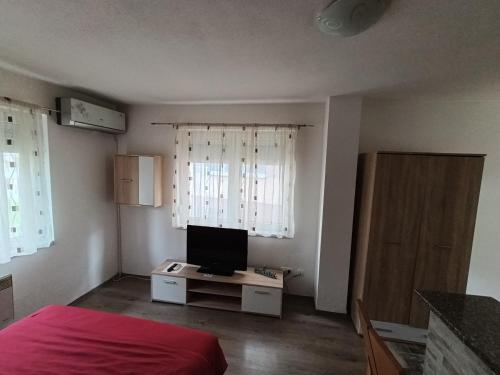 a bedroom with a bed and a television on a table at Moskva Apartman in Brčko